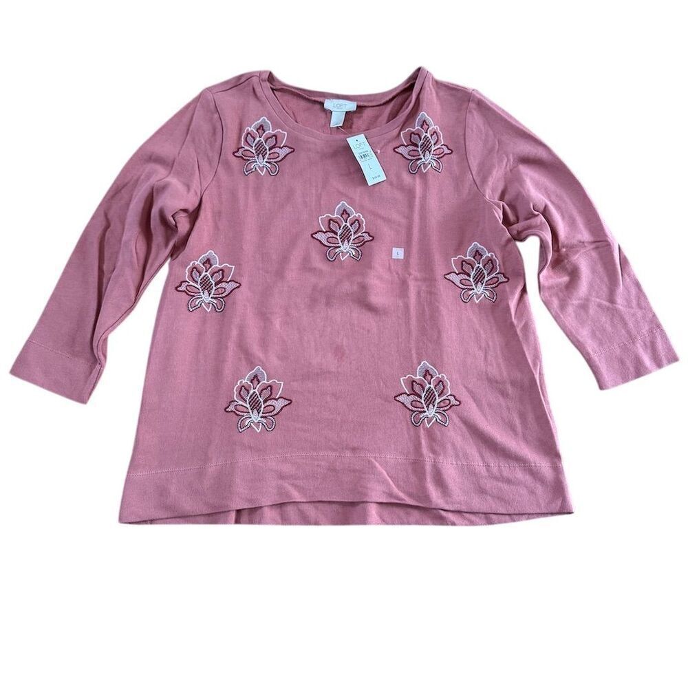 LOFT Women's Mauve Floral Boat Neck 3/4 Sleeve Sweatshirt Size Large